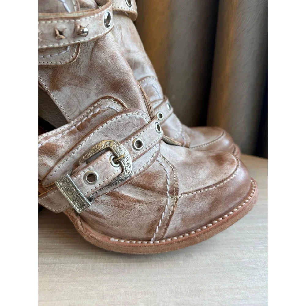 Freebird Sonoma Women 11 Distressed Leather Cutout Buckle Moto Ankle Boots Taupe